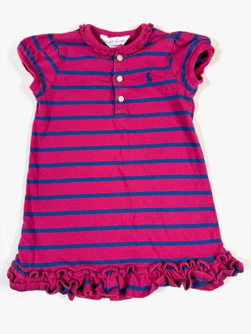 RALPH LAUREN Infant Pink Blue Striped Ruffle Hem Dress Baby Girl Size 12M Cotton